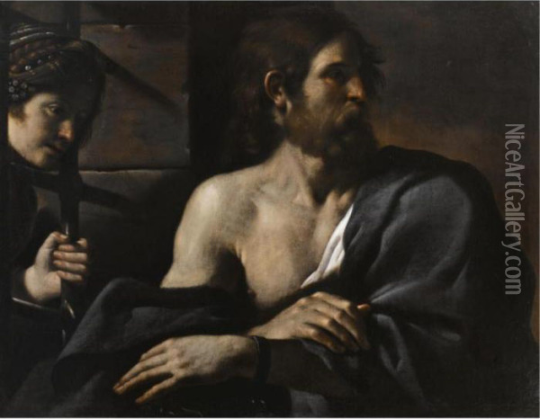 Saint John The Baptist In Prison Visited By Salome Oil Painting - Guercino