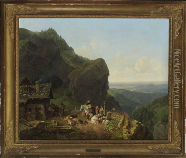 Wirtshaus Auf Der Alm Mit Alpzug. Oil Painting - Heinrich Burkel