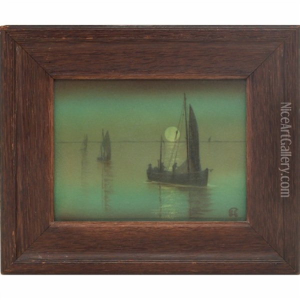 Sailboats In Moonlight Plaque Oil Painting - Sallie (Sara Elizabeth) Coyne