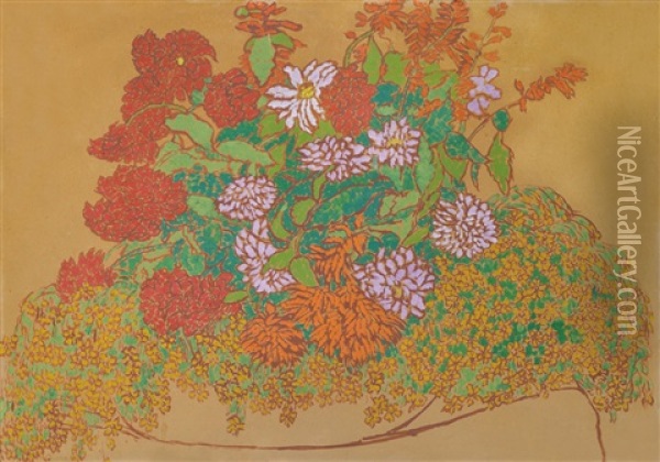 Spate Of Stylized Flowers Oil Painting - Jozsef Rippl-Ronai