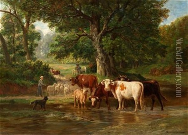 Cattle And Sheep Fording A River Oil Painting - James Desvarreux-Larpenteur