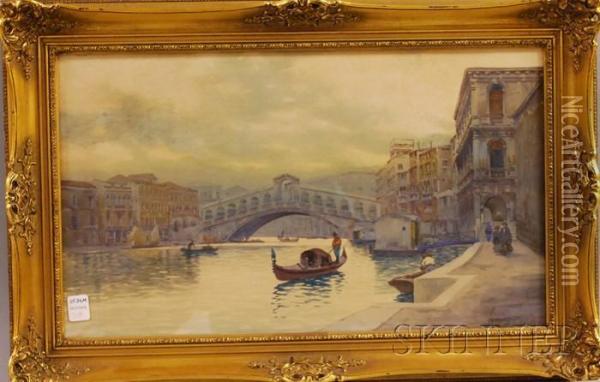 Evening In Venice 
/a View Of The Rialto Bridge Oil Painting - Natale Gavagnin