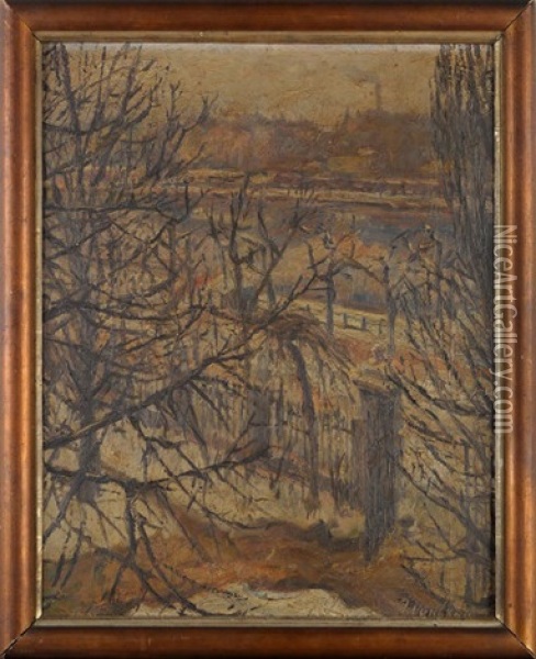Winter Cityscape With A View Through Bare Trees Across A River Oil Painting - Jakob Nussbaum