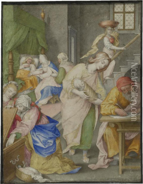 The Birth Of The Virgin Oil Painting - Giovanni B. (Il Genvovese) Castello