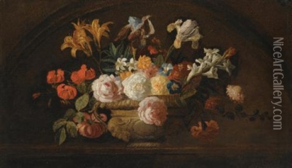 Still Life Of Flowers In A Vase On A Marble Shelf Oil Painting - Jakob Bogdani