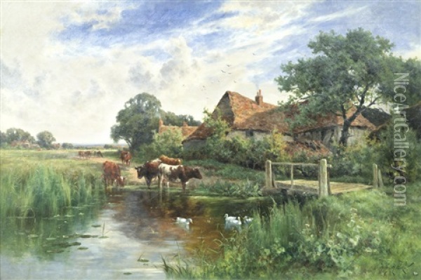 Cattle Watering Beside A Farm Oil Painting - Henry H. Parker
