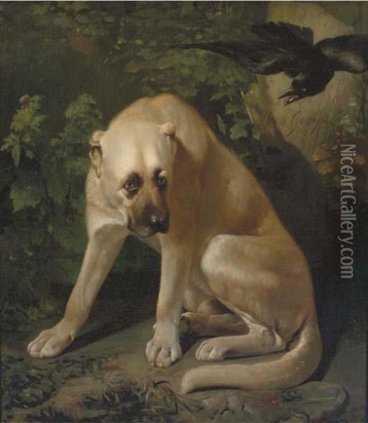 A Raven Teasing A Hound Oil Painting - Bernard te Gempt