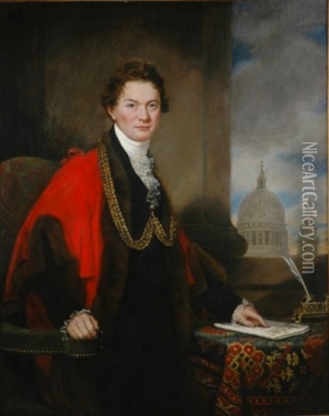 Portrait Of John Thomas Thorp, Lord Mayor Of London With Saint Paul's Cathedral In The Background Oil Painting - Samuel Drummond