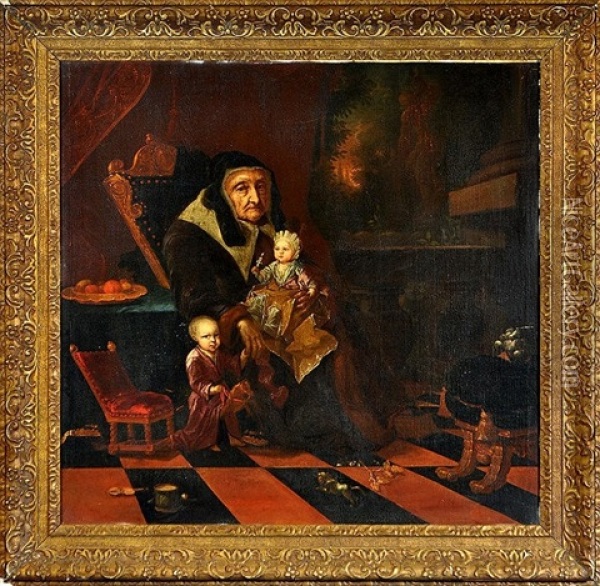 An Old Woman With Two Children In An Interior Oil Painting - Herman van der Myn