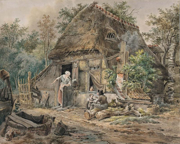 A Peasant Family At Their Farm Amongst Woods Oil Painting - Pieter Bartholomeusz. Barbiers IV
