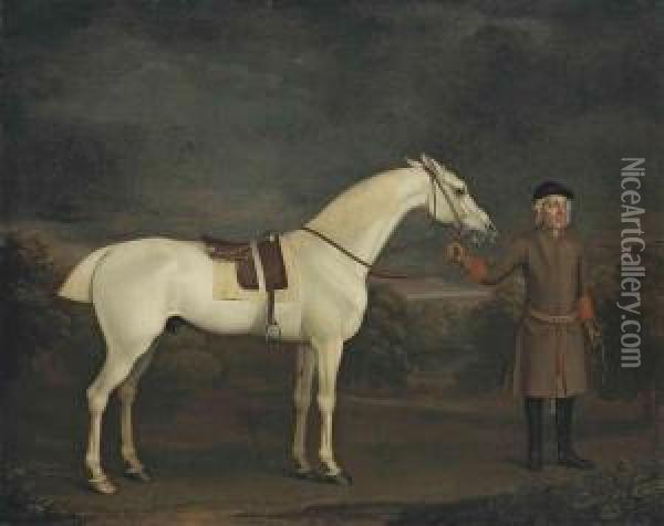A Saddled Grey Thoroughbred Held By A Groom, In A Wooded Landscape Oil Painting - James Seymour