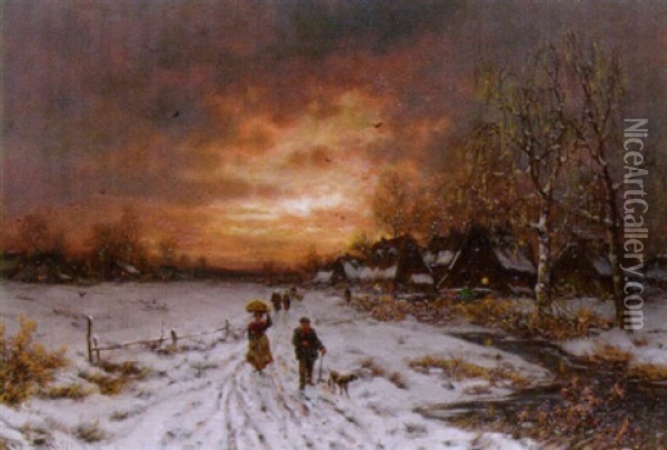 Bauern Auf Dem Heimweg - Verschneite Winterlandschaft Im Abendrot Oil Painting - Friedrich Josef Nicolai Heydendahl
