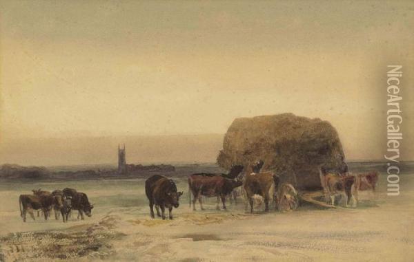 Cattle By A Haycart, A Church Beyond, In The Lincolnshirewolds Oil Painting - Peter de Wint