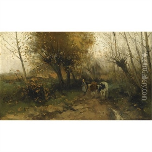 A Cowherdess With Her Cattle On A Country Lane Oil Painting - Willem George Frederik Jansen
