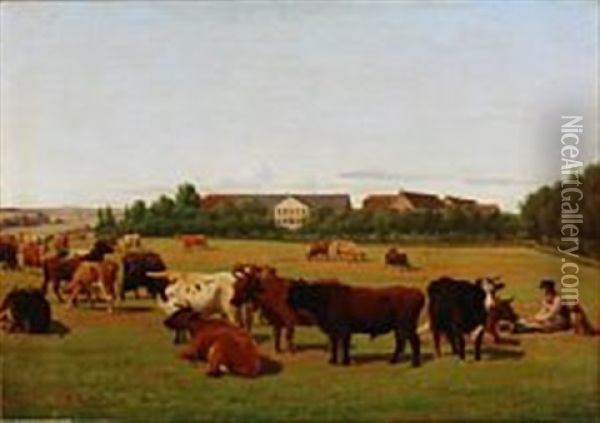 Cows On The Field Near Esrumgard, Denmark Oil Painting - Jorgen Valentin Sonne