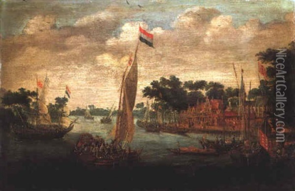 A Dutch States Yacht With Numerous Smalschips And Barges On A River Estuary Beside A Village Oil Painting - Abraham de Verwer