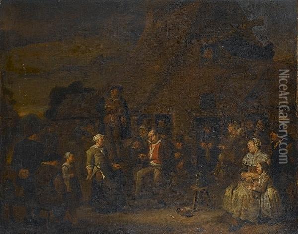 Peasants Making Music And Dancing Outside A Village Tavern Oil Painting - Egbert Jaspersz. van, the Elder Heemskerck