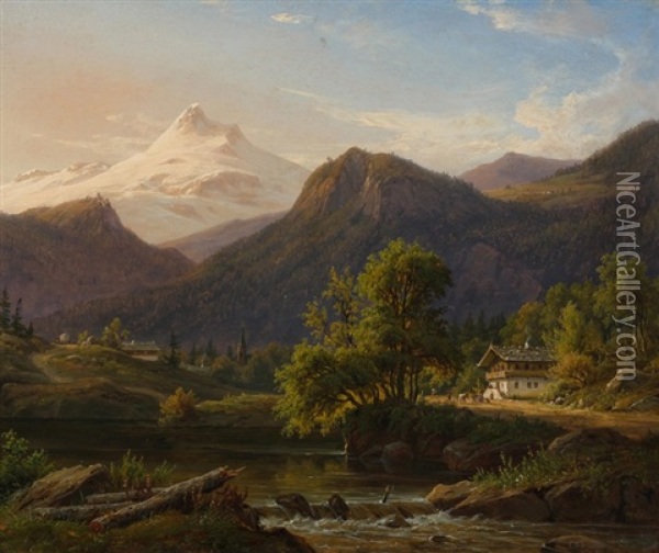 Gebirgslandschaft Im Vinschgau Mit Fluss Und Dorf Im Hintergrund Oil Painting - Frederik Christian Jacobsen Kiaerskou