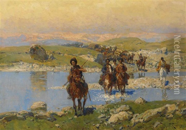 Berittene Kohorte Kaukasischer Krieger Uberquert Eine Furt Oil Painting - Franz Roubaud
