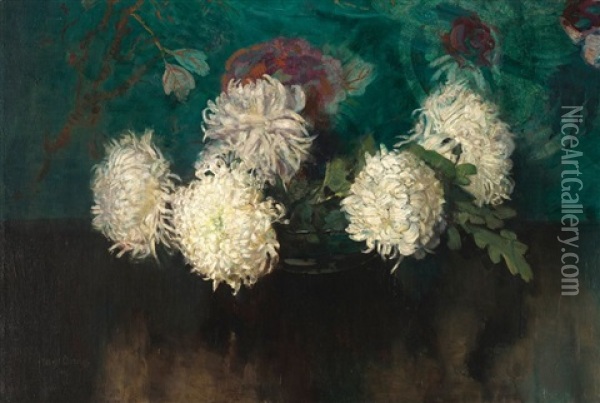 White Chrysanthemums In A Glass Bowl Oil Painting - Frans David Oerder