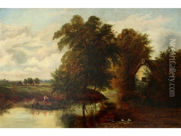 Figures By A River In A Landscape Oil Painting - William Mellor