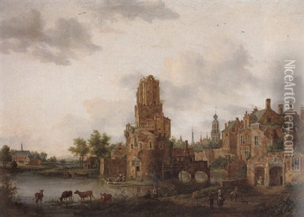 A Capriccio View Of A Dutch Town Oil Painting - Johannes Huibert (Hendric) Prins