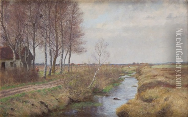 Birches By Stream Oil Painting - Adolf Glatte