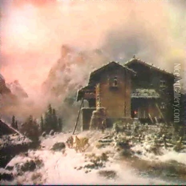 Immerschweizer Bergbauernhaus Im Winter Oil Painting - Johann Rudolf Rapp