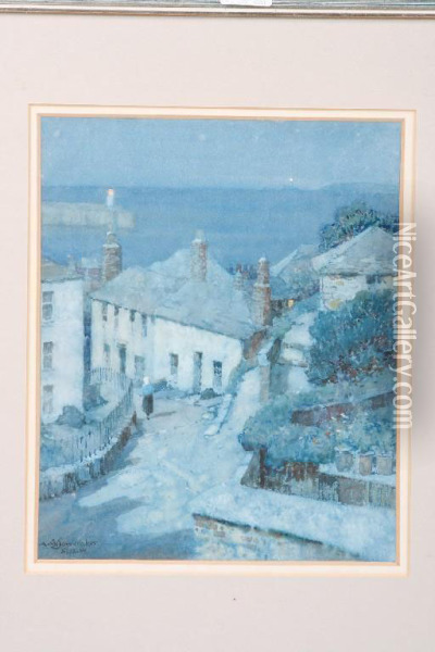 A View Down A Cornish Hill Towards A Street At Dusk Oil Painting - Albert Moulton Foweraker