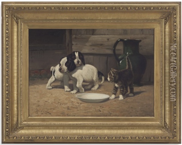 Puppies And Kitten Oil Painting - John Henry Dolph