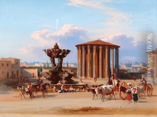 Il Cosiddetto Tempio Di Vesta Con La Fontana Del Bizzaccheri Oil Painting - Johann Jakob Frey