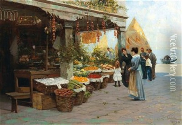 Vegetable Market In Venice Oil Painting - Millo Bortoluzzi
