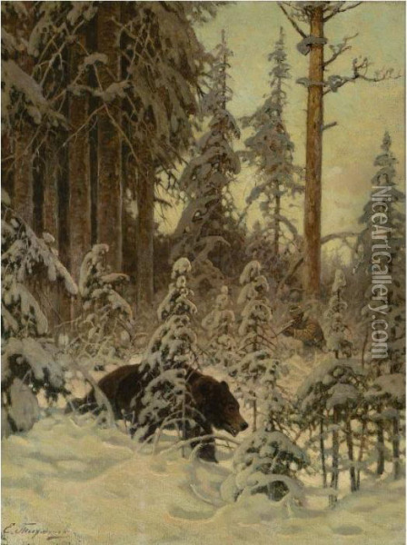Bear Hunting Oil Painting - Efim Tikhmenev