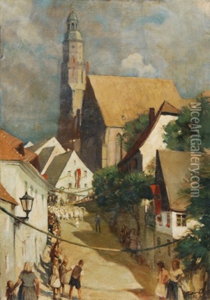 Umzug Zum Forstfest Vor St. Marien Zu Kamenz Oil Painting - Georg Richter-Loessnitz