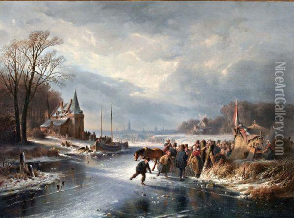 Ijsvermaak Met Op De Voorgrond Vele Figuren Bij Een Koek En Zopie Oil Painting - Cornelis Kimmel