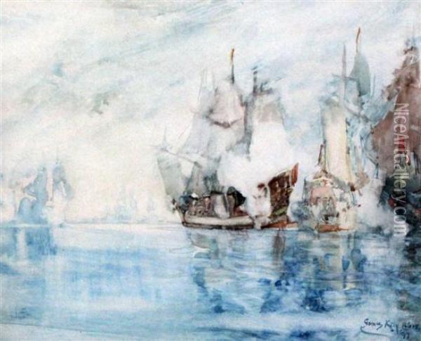Galleons In Battle Oil Painting - James Kay