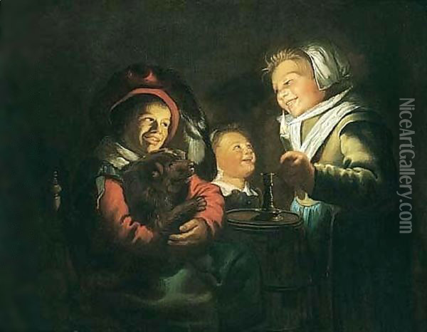 Children Playing With A Dog By Candlelight Oil Painting - Jan Miense Molenaer