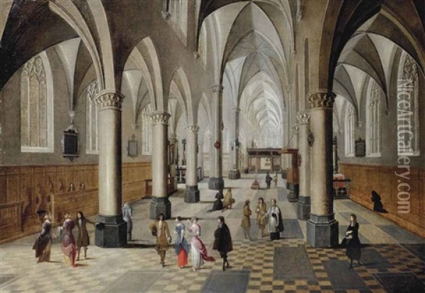 The Interior Of A Gothic Church With Elegant Figures Strolling And Conversing Oil Painting - Peeter Neeffs the Elder