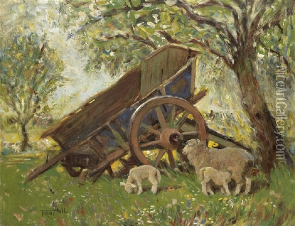 An Orchard With Sheep And Cart Oil Painting - Frederick Hall