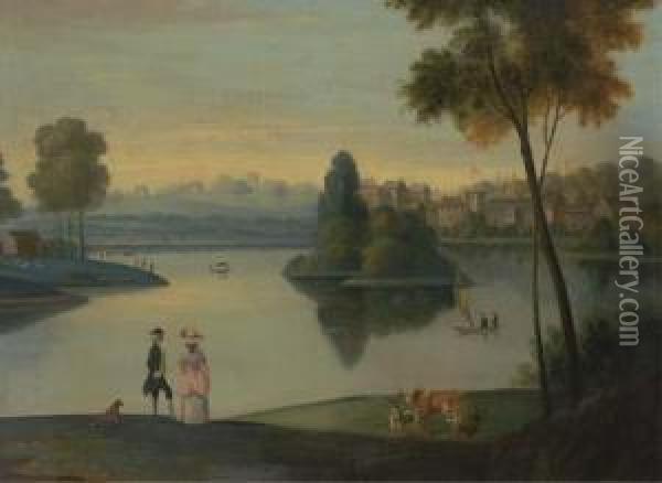 Elegant Figures By A Boating Lake Oil Painting - Balthasar Nebot