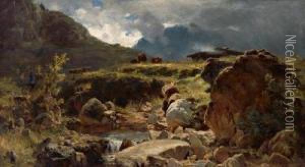 Heimkehr Der Herde Bei Aufziehendem Gewitter Oil Painting - Gustav Freiherr Von Bechtolsheim