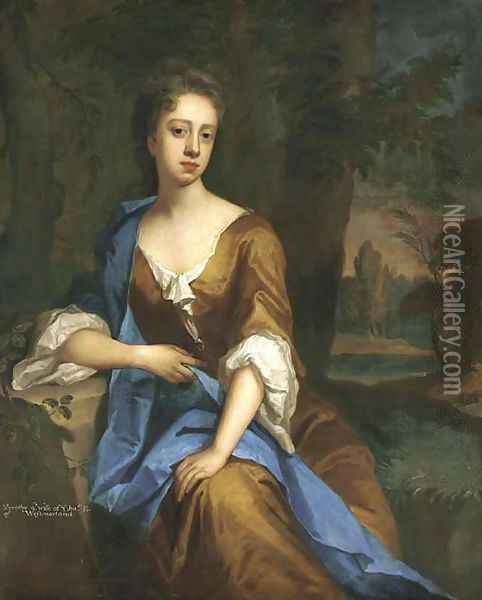 Portrait of Dorothy Brudenell, Countess of Westmorland, three-quarter-length, seated in an ochre dress with a blue wrap Oil Painting - Michael Dahl