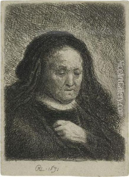 The Artist's Mother With Her Hand On Her Chest: Smallbust Oil Painting - Rembrandt Van Rijn