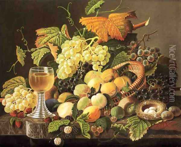 Still Life with Fruit, Bird's Nest and Wine Glass Oil Painting - Severin Roesen
