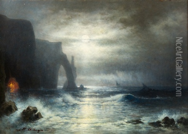 Mondnacht An Der Kuste Bei Etretat In Der Normandie Oil Painting - Karl Heilmayer