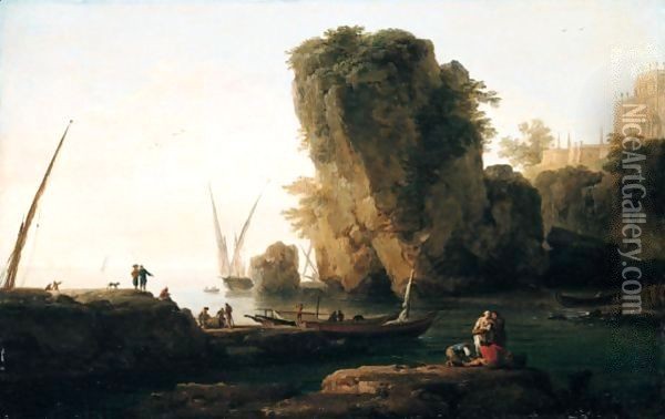 A Cove On A Rocky Mediterranean Coast, With Small Vessels And Fishermen Oil Painting - Claude-joseph Vernet
