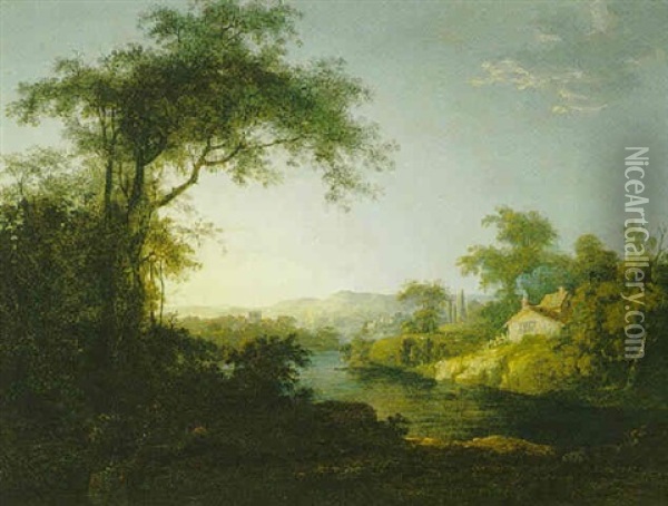 Wooded River Landscape With A Distant View Of A Town Oil Painting - Abraham Pether