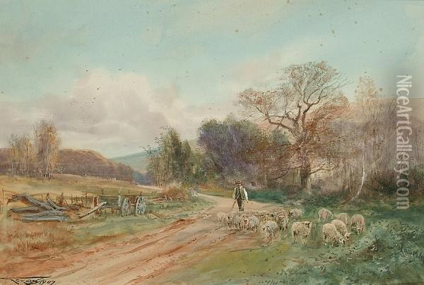 A Shepherd With His Flock Of Sheep On A Country Lane Oil Painting - Henry Charles Fox