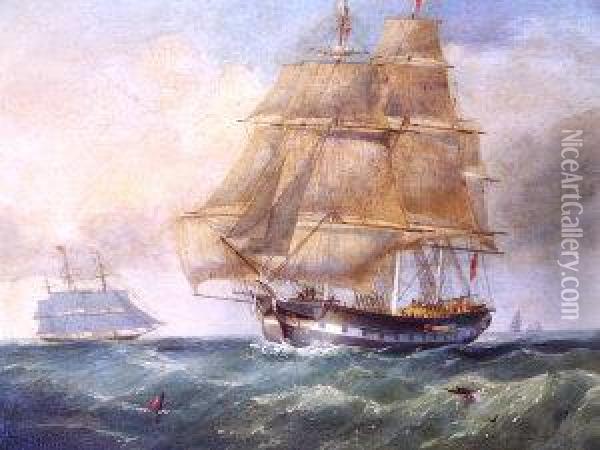 Frigates On Choppy Seas Oil Painting - Joseph Heard
