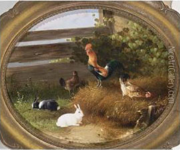 Poultry And Rabbits In A Farmyard Oil Painting - Carl Jutz